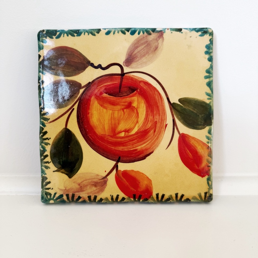Vintage Italian Hand-Painted Apple Tile Trivet 6” x 6”